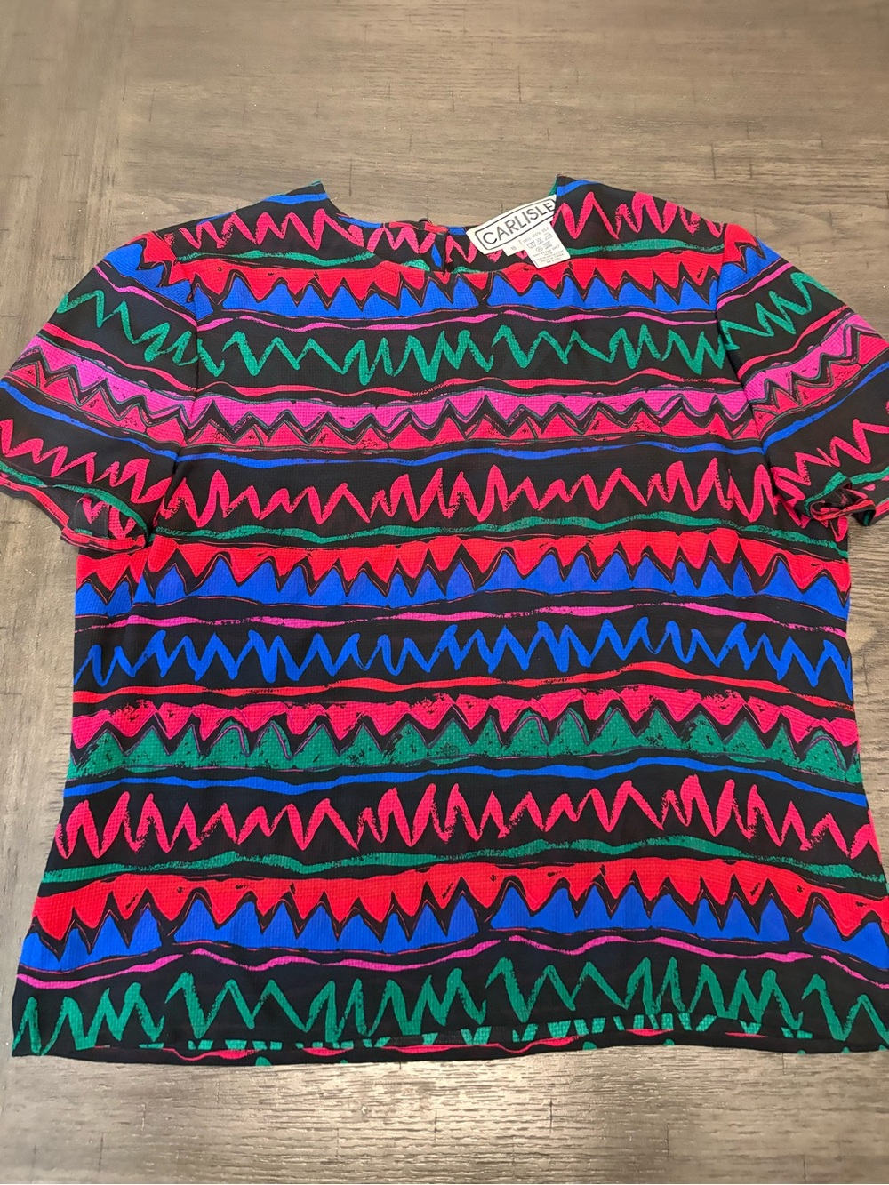 Vintage Carlisle 100% Silk Blouse 80s 90s Geometric Zigzag Abstract Print Size 8